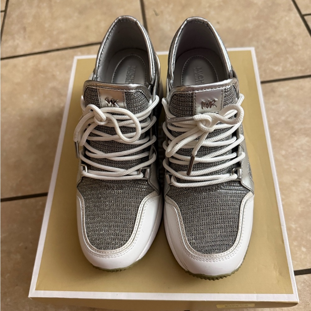 Michael Kors Silver and White Lace-Up Sneakers